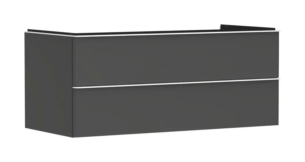 Waschtischunterschrank von Hansgrohe in diamantgrauem Mattfinish mit zwei Schubkästen, geeignet für einen Konsolentisch. Schlichte, funktionale Gestaltung.